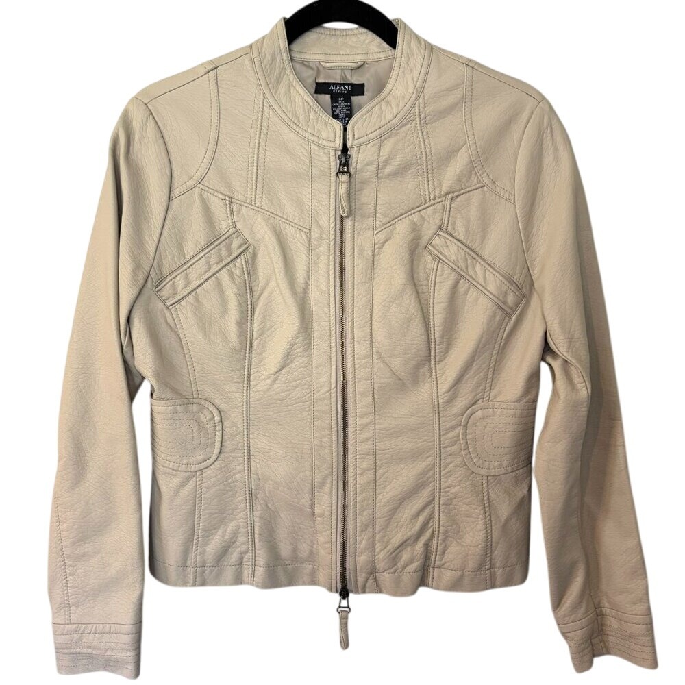 Alfani Faux Leather Moto Jacket Women's Petite 8P Beige Cream Vegan Zip-Up‎